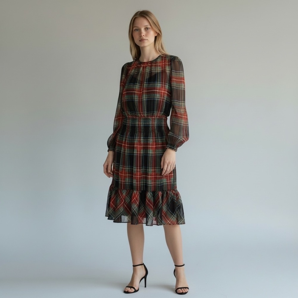J. Crew Plaid Smocked Waist Dress‎ Size Small Stewart Tartan Metallic Chiffon